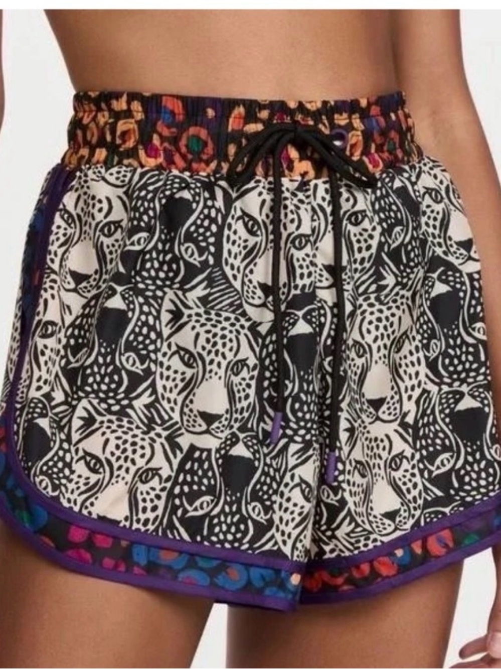 FARM Rio Black & White Leopard-Print Athletic Shorts with Multicolor Trim